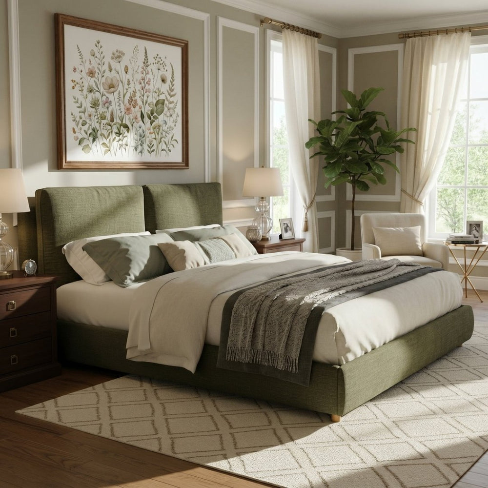 English Elm California King Platform Bed Cotton Linen Upholstered Frame with Pillow Headboard N757C402356V