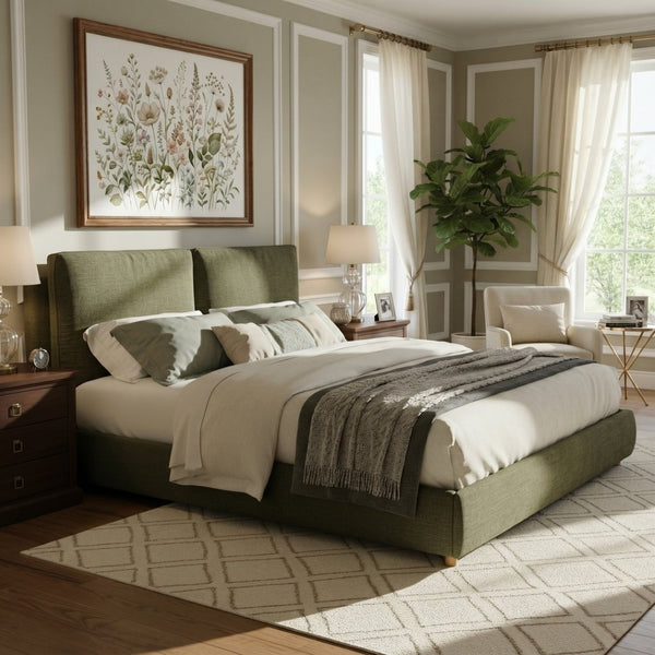 English Elm California King Platform Bed Cotton Linen Upholstered Frame with Pillow Headboard N757C402356V