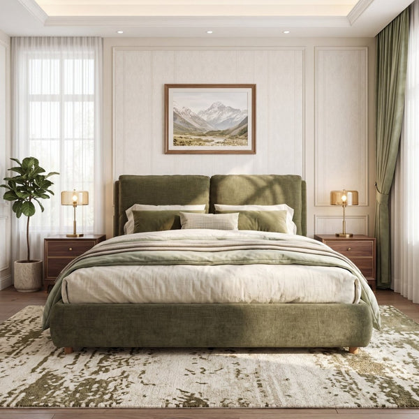English Elm California King Platform Bed Cotton Linen Upholstered Frame with Pillow Headboard N757C402356V