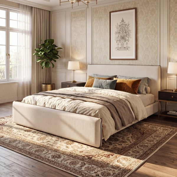 English Elm King Velvet Wingback Bed with Diamond Tufting Nailhead Trim and Sleek White Legs Beige California King N757C442436I