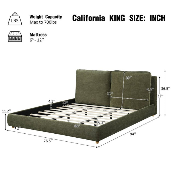 English Elm California King Chenille Upholstered Bed with Removable Cushion Headboard Rubberwood Legs N757C508063V