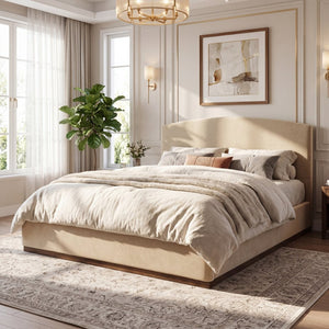 English Elm King Velvet Platform Bed Curved Upholstered Headboard Solid Rubberwood Base Modern Bedroom N757K388163M
