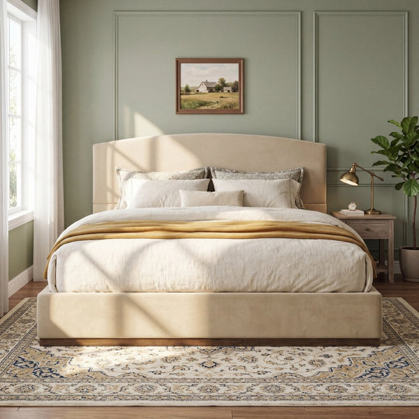 English Elm King Velvet Platform Bed Curved Upholstered Headboard Solid Rubberwood Base Modern Bedroom N757K388163M