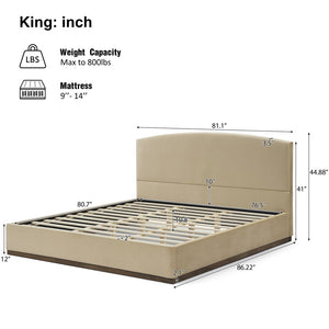 English Elm King Velvet Platform Bed Curved Upholstered Headboard Solid Rubberwood Base Modern Bedroom N757K388163M