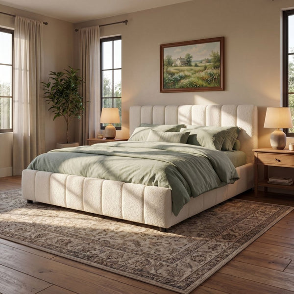 English Elm King Boucle Upholstered Bed Tall Tufted Headboard Refined Minimalist Bedroom Frame N757K401170W