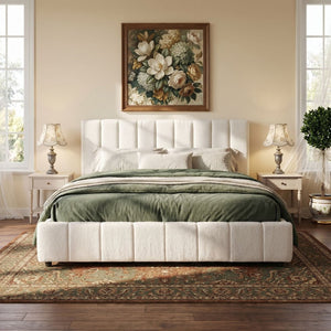 English Elm King Boucle Upholstered Bed Tall Tufted Headboard Refined Minimalist Bedroom Frame N757K401170W