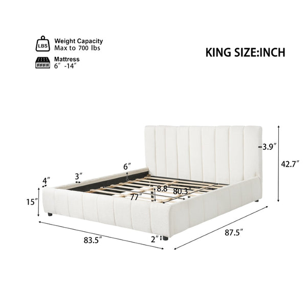 English Elm King Boucle Upholstered Bed Tall Tufted Headboard Refined Minimalist Bedroom Frame N757K401170W