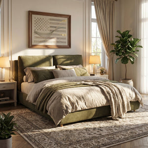 English Elm King Platform Bed Cotton Linen Upholstered Headboard Solid Wood Legs Minimalist Bedroom N757K402352V