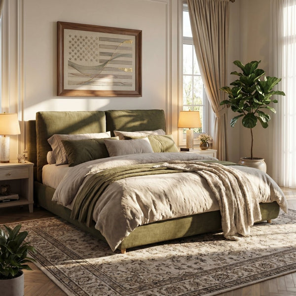 English Elm King Platform Bed Cotton Linen Upholstered Headboard Solid Wood Legs Minimalist Bedroom N757K402352V