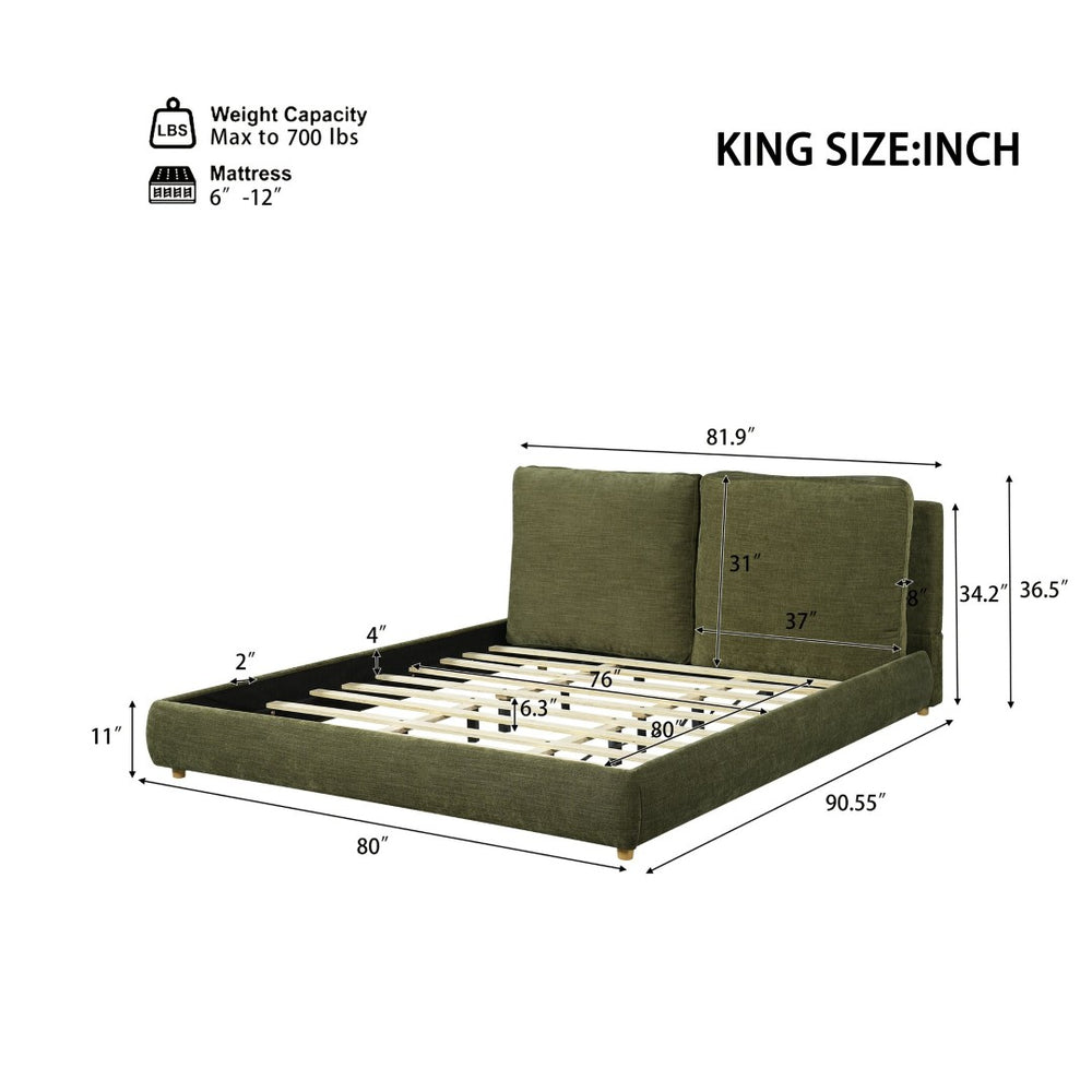 English Elm King Platform Bed Cotton Linen Upholstered Headboard Solid Wood Legs Minimalist Bedroom N757K402352V