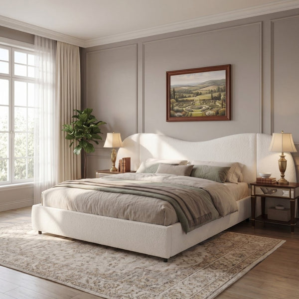 English Elm King Boucle Upholstered Platform Bed Sculptural Curved Headboard with Built-in Ledge Wings N757K403828W