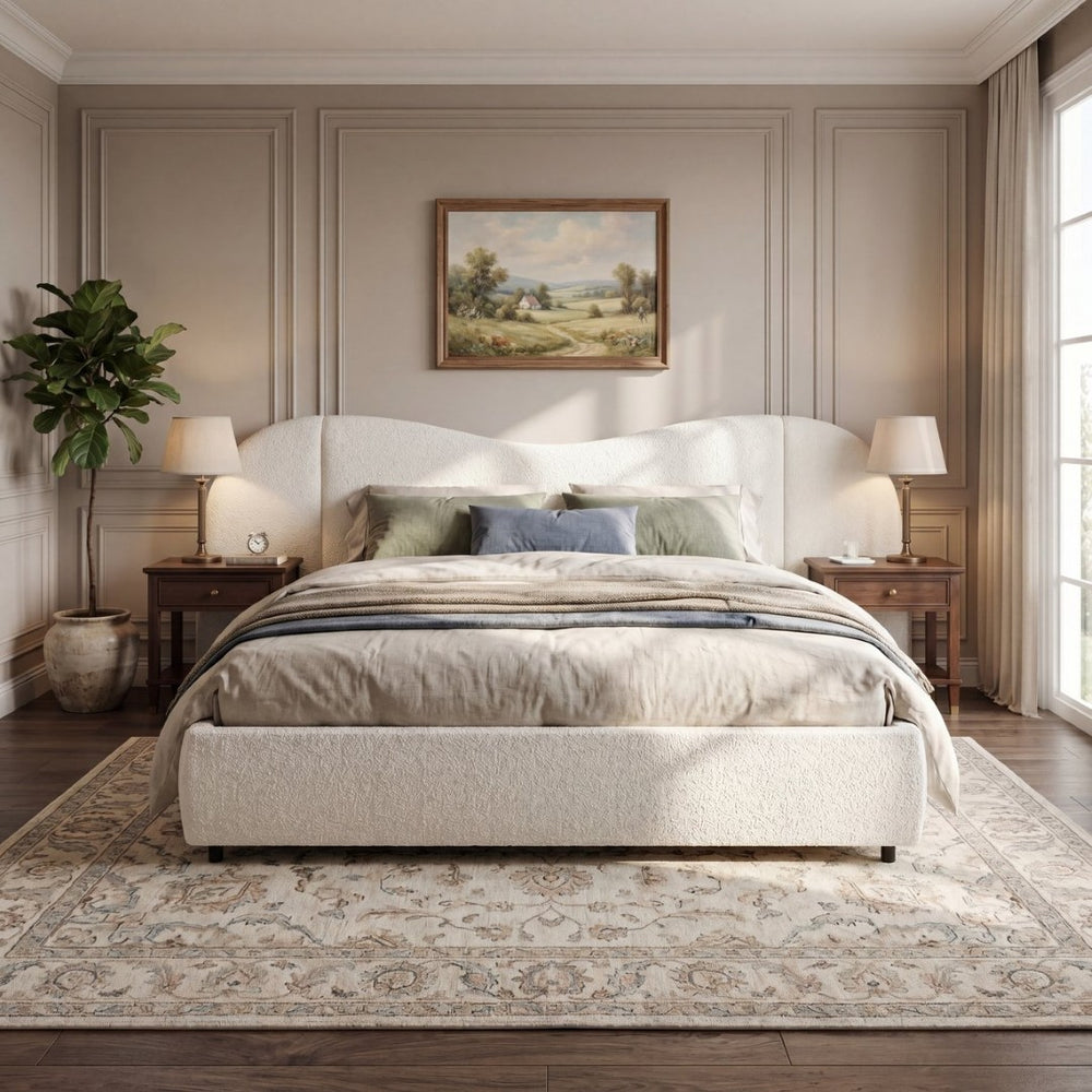 English Elm King Boucle Upholstered Platform Bed Sculptural Curved Headboard with Built-in Ledge Wings N757K403828W