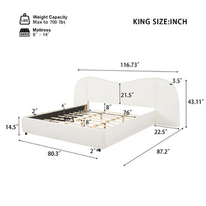 English Elm King Boucle Upholstered Platform Bed Sculptural Curved Headboard with Built-in Ledge Wings N757K403828W