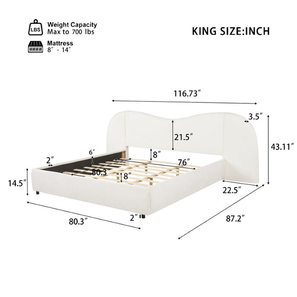 English Elm King Boucle Upholstered Platform Bed Sculptural Curved Headboard with Built-in Ledge Wings N757K403828W