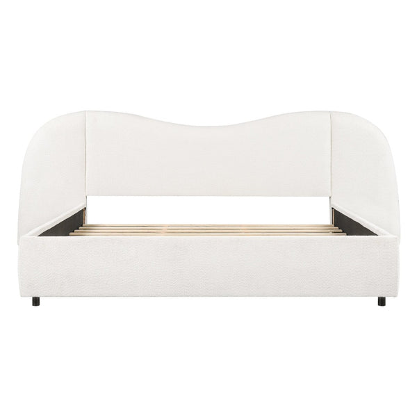 English Elm King Boucle Upholstered Platform Bed Sculptural Curved Headboard with Built-in Ledge Wings N757K403828W