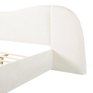 English Elm King Boucle Upholstered Platform Bed Sculptural Curved Headboard with Built-in Ledge Wings N757K403828W