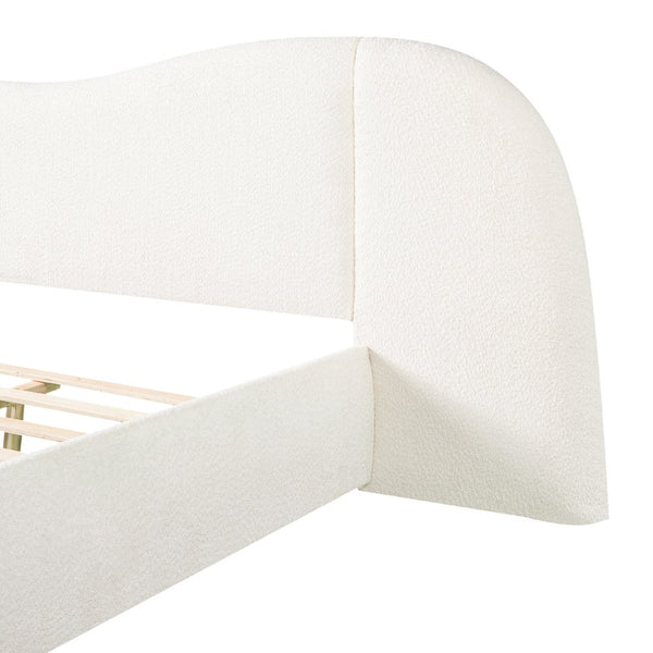English Elm King Boucle Upholstered Platform Bed Sculptural Curved Headboard with Built-in Ledge Wings N757K403828W