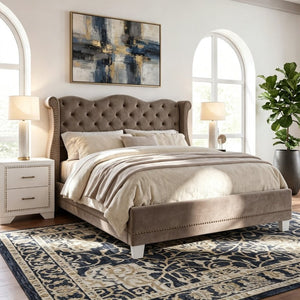 English Elm King Velvet Wingback Bed with Diamond Tufting Nailhead Trim and Sleek White Legs Brown King N757K427185M