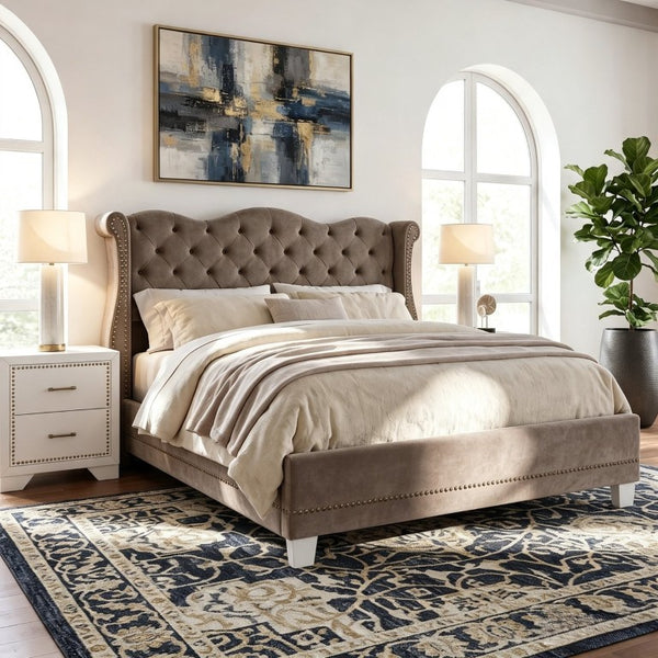 English Elm King Velvet Wingback Bed with Diamond Tufting Nailhead Trim and Sleek White Legs Brown King N757K427185M