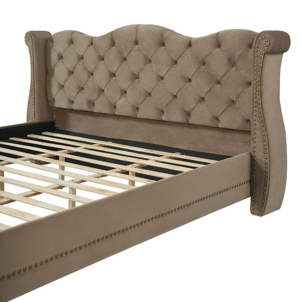 English Elm King Velvet Wingback Bed with Diamond Tufting Nailhead Trim and Sleek White Legs Brown King N757K427185M