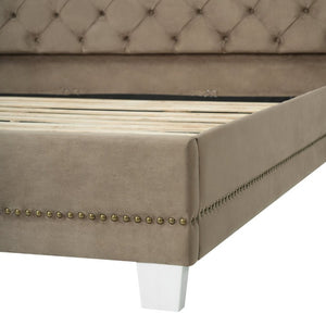 English Elm King Velvet Wingback Bed with Diamond Tufting Nailhead Trim and Sleek White Legs Brown King N757K427185M