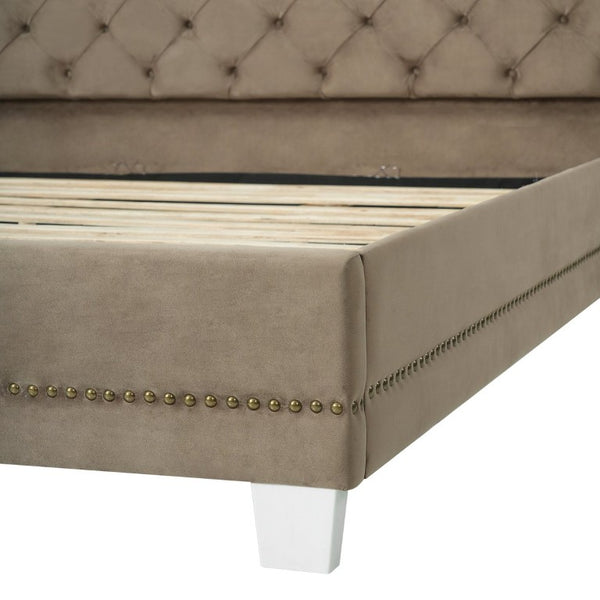 English Elm King Velvet Wingback Bed with Diamond Tufting Nailhead Trim and Sleek White Legs Brown King N757K427185M