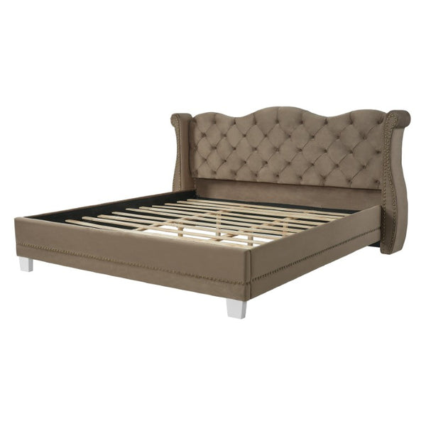 English Elm King Velvet Wingback Bed with Diamond Tufting Nailhead Trim and Sleek White Legs Brown King N757K427185M