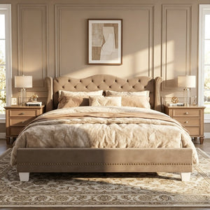 English Elm King Velvet Wingback Bed with Diamond Tufting Nailhead Trim and Sleek White Legs Brown King N757K427185M