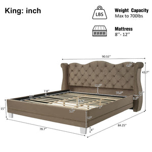 English Elm King Velvet Wingback Bed with Diamond Tufting Nailhead Trim and Sleek White Legs Brown King N757K427185M