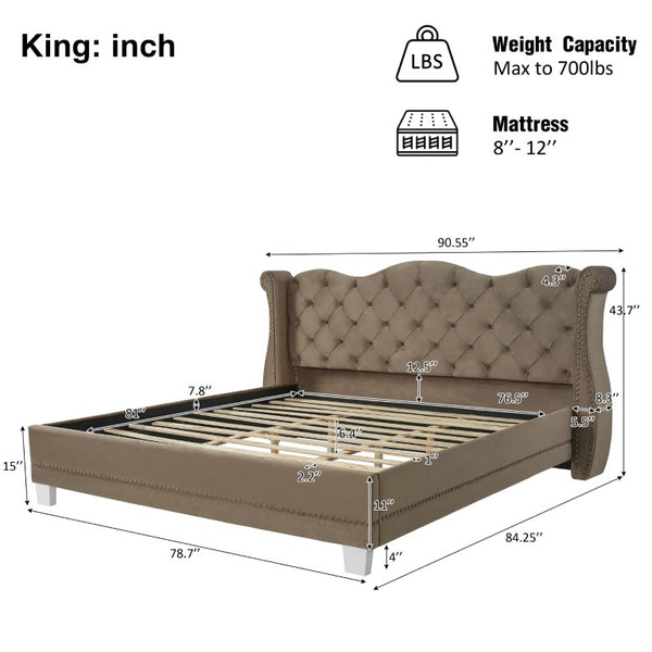 English Elm King Velvet Wingback Bed with Diamond Tufting Nailhead Trim and Sleek White Legs Brown King N757K427185M