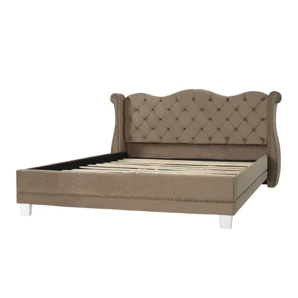 English Elm King Velvet Wingback Bed with Diamond Tufting Nailhead Trim and Sleek White Legs Brown King N757K427185M