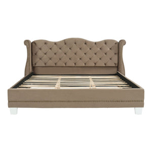 English Elm King Velvet Wingback Bed with Diamond Tufting Nailhead Trim and Sleek White Legs Brown King N757K427185M