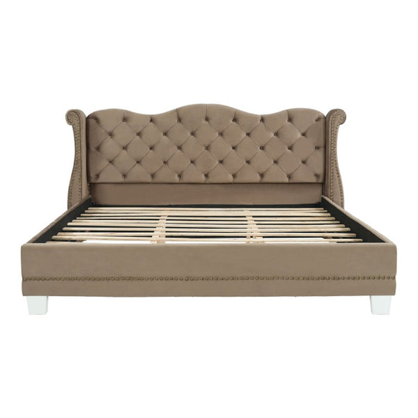 English Elm King Velvet Wingback Bed with Diamond Tufting Nailhead Trim and Sleek White Legs Brown King N757K427185M