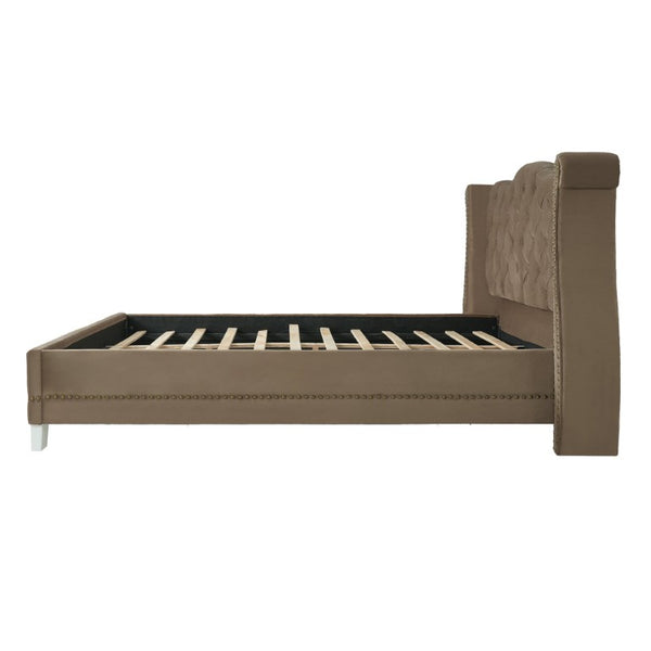 English Elm King Velvet Wingback Bed with Diamond Tufting Nailhead Trim and Sleek White Legs Brown King N757K427185M