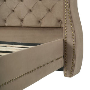 English Elm King Velvet Wingback Bed with Diamond Tufting Nailhead Trim and Sleek White Legs Brown King N757K427185M