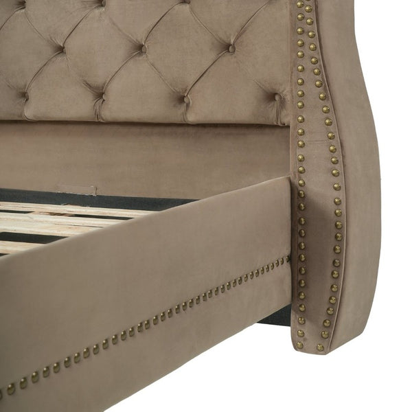 English Elm King Velvet Wingback Bed with Diamond Tufting Nailhead Trim and Sleek White Legs Brown King N757K427185M