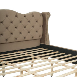 English Elm King Velvet Wingback Bed with Diamond Tufting Nailhead Trim and Sleek White Legs Brown King N757K427185M