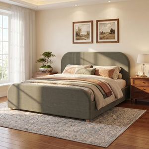 English Elm King Upholstered Bed Curved Sculptural Linen Headboard Solid Wood Legs Modern Bedroom N757K427673G