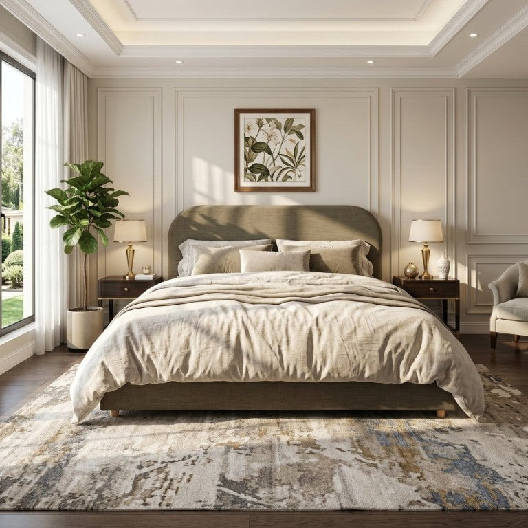 English Elm King Upholstered Bed Curved Sculptural Linen Headboard Solid Wood Legs Modern Bedroom N757K427673G