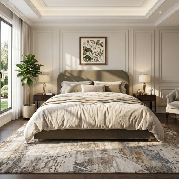 English Elm King Upholstered Bed Curved Sculptural Linen Headboard Solid Wood Legs Modern Bedroom N757K427673G