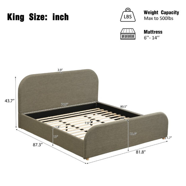 English Elm King Upholstered Bed Curved Sculptural Linen Headboard Solid Wood Legs Modern Bedroom N757K427673G