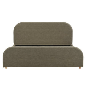 English Elm King Upholstered Bed Curved Sculptural Linen Headboard Solid Wood Legs Modern Bedroom N757K427673G