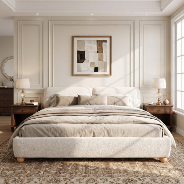 English Elm King Platform Bed Boucle Upholstered Curved Headboard Solid Wood Legs Modern Bedroom N757K440791W