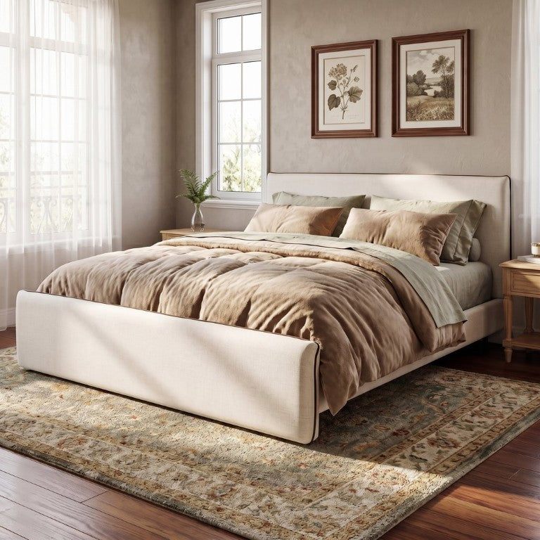 English Elm King Linen Upholstered Platform Bed Low Profile Padded Headboard Modern Bedroom Beige N757K442432I