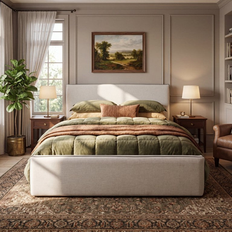 English Elm King Linen Upholstered Platform Bed Low Profile Padded Headboard Modern Bedroom Beige N757K442432I