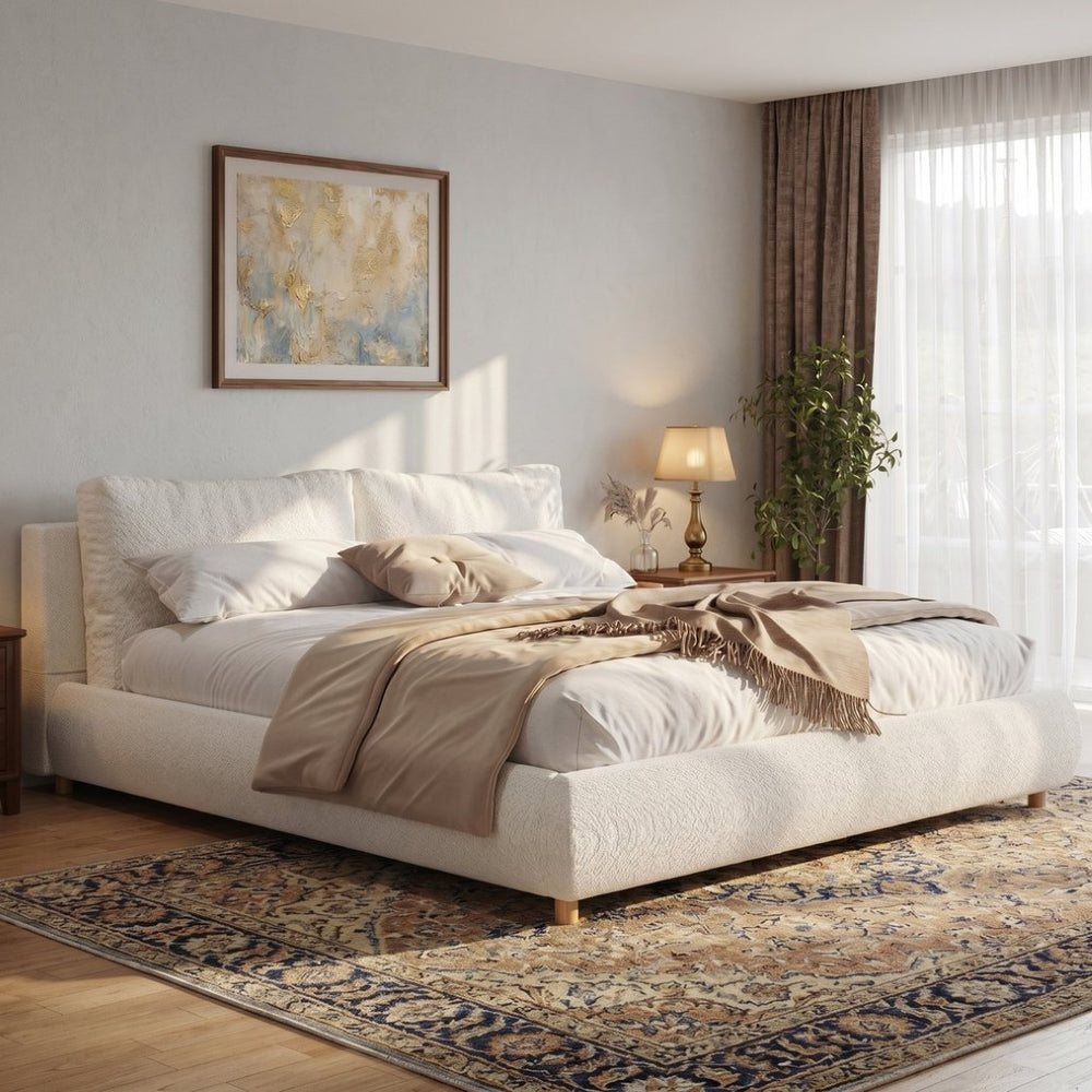 English Elm King Boucle Platform Bed Solid Wood Legs Cushioned Pillow Headboard Modern Bedroom N757P246145W-2