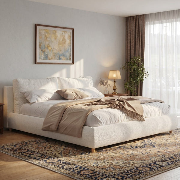 English Elm King Boucle Platform Bed Solid Wood Legs Cushioned Pillow Headboard Modern Bedroom N757P246145W-2