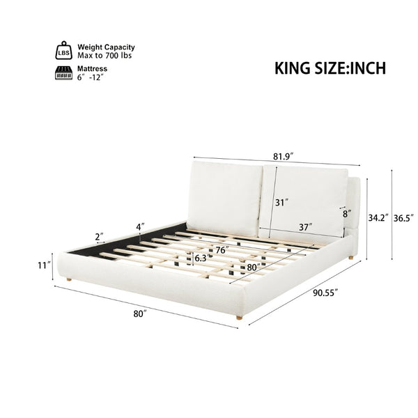 English Elm King Boucle Platform Bed Solid Wood Legs Cushioned Pillow Headboard Modern Bedroom N757P246145W-2