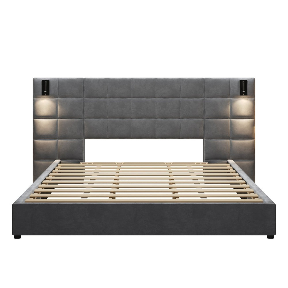 English Elm Ck Velvet Upholstered California King Bed Wide Padded Headboard with Usb Reading Lamp N757P331770E