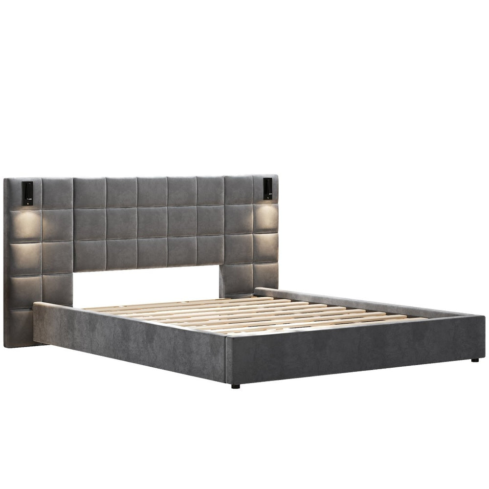 English Elm Ck Velvet Upholstered California King Bed Wide Padded Headboard with Usb Reading Lamp N757P331770E